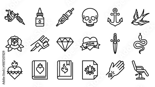 Set of 18 Minimalist Tattoo Studio and Ink Line Icons Featuring Tattoo Machine, Skull, Anchor, Rose, Dagger, Snake, Heart, and Professional Equipment for Parlor Branding and Design Projects