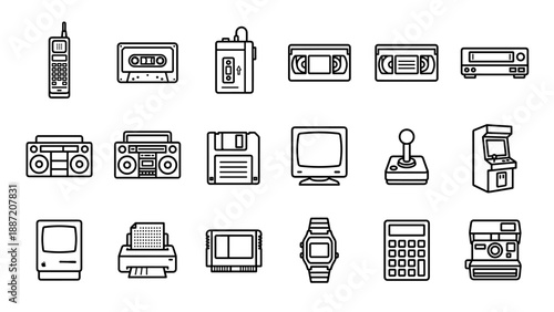 Set of 18 Retro 80s and 90s Technology Line Icons Featuring Vintage Gadgets Like Cassette Tape, Floppy Disk, Boombox, Joystick, Arcade Machine, Polaroid Camera, Classic Computer, and VHS Player.