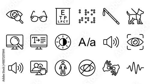 Set of 18 Vision Accessibility and Eye Care Line Icons. Features Guide Dog, Braille, White Cane, Eye Chart, Glasses, and Assistive Technology Symbols. Minimalist Vector for Inclusive Design.