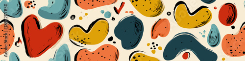 Hearts in a cute retro doodle style creating a vibrant seamless pattern. Seamless heart pattern representing love and romance