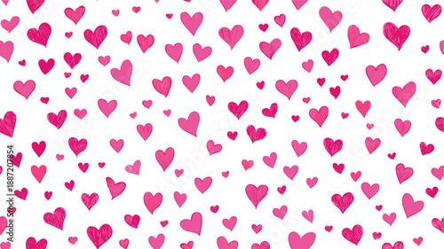 Pink hand-drawn hearts forming a seamless pattern on a white background. Pink heart pattern creating simple love background