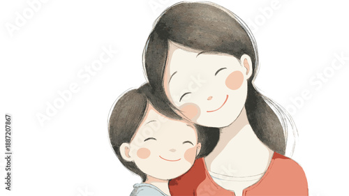Watercolor illustration depicting a mother embracing her happy child with warmth and care. Mother and child smiling showing love and connection