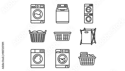 Vector Icon Set of Laundry Equipment Featuring Front and Top Load Washing Machines, Stacked Dryer, and Various Laundry Baskets and Hampers in a Minimalist Outline Style for Household Cleaning.