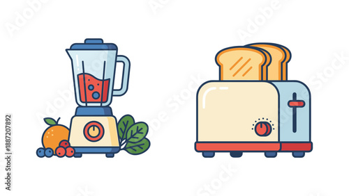 Flat Vector Icon Set of Kitchen Appliances Featuring a Blender with a Fruit Smoothie and a Toaster with Bread Slices, Isolated on White Background for Cooking, Healthy Breakfast, and Food Prep
