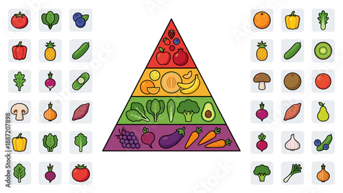 Vector Illustration of a Nutrition Food Pyramid Featuring a Variety of Colorful Fruits and Vegetables in a Flat Design Style with a Grid of Individual Produce Icons for Healthy Eating Concepts