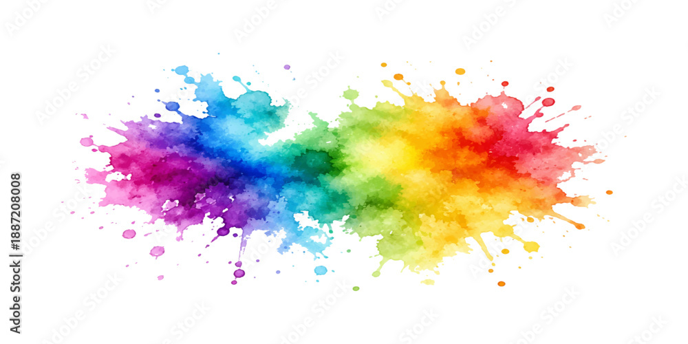Fototapeta premium Artistic watercolor background featuring colorful paint splashes and ink splatters on a grunge paper texture with an abstract rainbow brush pattern and decorative vector illustration elements