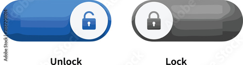 Lock and unlock toggle switch user interface illustration showing secure and unsecured states for app settings, cybersecurity control, privacy management, and modern digital UI design