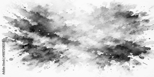 Abstract grunge background with black ink splashes across a dark stormy cloudscape and smoky blue textures under an overcast sky
