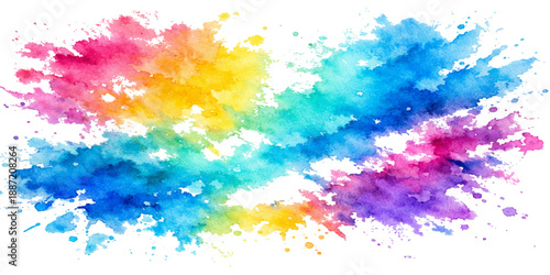 An artistic abstract watercolor background featuring a colorful paint splash and grunge ink texture on paper with a rainbow brush stroke design and vector splatter element