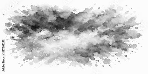 Abstract black ink splat and grunge splashes merge with white smoke and blue clouds to create a motion texture of night fog against a light sky landscape