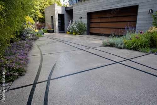 A contemporary home features a striking concrete driveway, beautifully complemented by a thoughtfully crafted landscaping design.