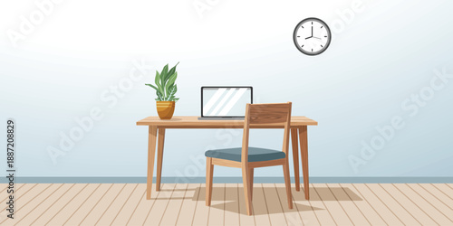 Minimalist home office interior vector illustration featuring wooden desk, chair, laptop, indoor plant, and wall clock. Ideal for workspace, productivity, remote work, or interior design concepts.