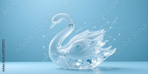 Elegant transparent swan sculpture with modern network connections on blue background