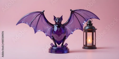 Purple glass bat figurine with lantern on pink background