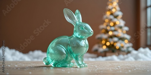 Stunning green glass rabbit sculpture on snowy surface with Christmas tree