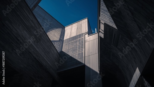 Building Design Viewed From Below With Shadows and Blue Sky in the Background
