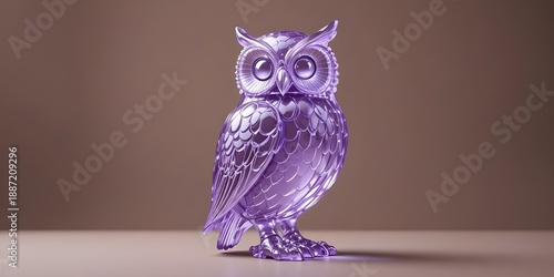 Shining purple owl sculpture with big eyes on beige background