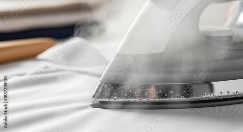 Close-up of a white iron steaming a white shirt on an ironing board with blurred clothing in the background