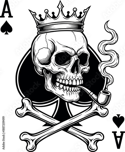 Skull with Crown and Tobacco Pipe on Ace of Spades Vector Illustration in Black and White