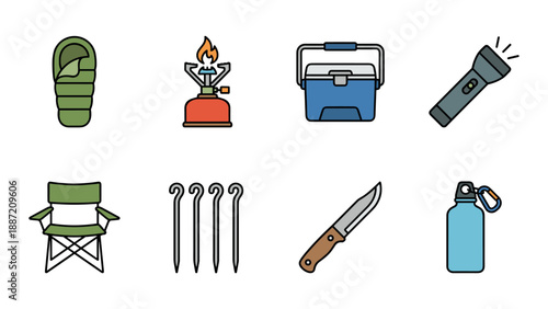Set of Eight Flat Design Camping Gear Icons Featuring Sleeping Bag, Portable Gas Stove, Cooler Box, Flashlight, Folding Chair, Tent Stakes, Hunting Knife, and Water Bottle for Outdoor Adventure