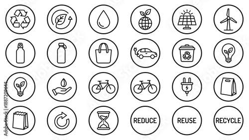 Eco-Friendly Sustainability Icon Set with 24 Thin Line Vector Symbols for Recycling, Green Energy, Solar Panels, Wind Turbines, Electric Cars, and Waste Reduction in a Minimalist Circular Design.