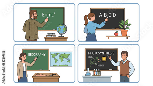 Set of Four Vector Illustrations of Teachers Writing on Blackboards in Classrooms, Featuring Physics, English, Geography, and Biology Lessons with Educational Tools and School Supplies.