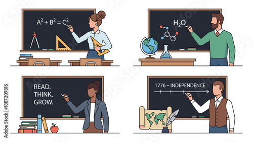 Set of Four Detailed Vector Illustrations of Teachers Writing on Blackboards in a Clean Geometric Style. Featuring Math, Science, Literature, and History Lessons with Educational Icons and Tools.