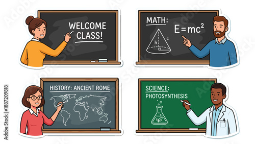 Set of 4 Vibrant Sticker Style Vector Illustrations of Diverse Teachers Writing on Blackboards. Educational Scenes for Math, Science, History, and Welcome Class. School and Learning Graphics.