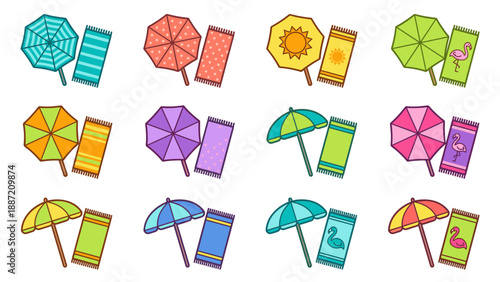 Vibrant Vector Icon Set of Colorful Beach Umbrellas and Matching Towels in Flat Style. Summer Vacation Elements with Stripes, Polka Dots, Flamingos, and Sun Patterns for Travel and Leisure Design.