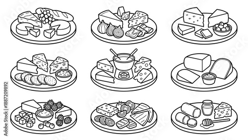 Vector Icon Set of Cheese Platter Varieties in Outline Style. Collection of Nine Gourmet Charcuterie Boards with Brie, Cheddar, Fondue, Grapes, Figs, Crackers, and Honey on White Background.