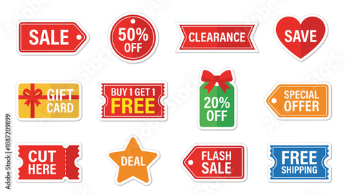 Collection of flat vector discount sale tags and promotional coupons including clearance, gift card, flash sale, free shipping, and percentage off labels for retail marketing and e-commerce.