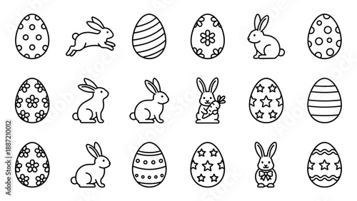 Minimalist Easter Icon Set Featuring Decorated Eggs with Stars, Flowers, and Stripes, and Cute Bunny Rabbits in Various Poses. Vector Line Art Illustrations for Spring Holiday Graphic Design.