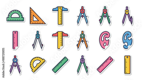Set of 18 Vibrant Sticker Style Mathematics and Drafting Tool Icons Featuring Rulers, Compasses, Protractors, and French Curves for Geometry, Engineering, Architecture, and School Education.