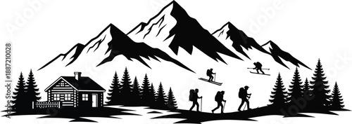 Log cabin in snowy mountains with skiers and hikers in winter landscape with pine trees