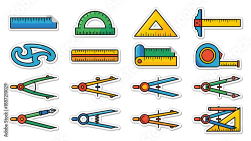 Vibrant Sticker Style Vector Icons Set of 16 Mathematics and Geometry Tools Including Rulers, Protractors, Compasses, Set Squares, and Tape Measures in a Neat Grid Layout for Educational Design.