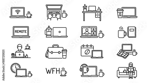Set of 16 Minimalist Line Art Icons for Remote Work and Work From Home (WFH) Featuring Laptops, Coffee Cups, Video Calls, Desks, and Freelance Business Elements in a Clean Vector Illustration Style.