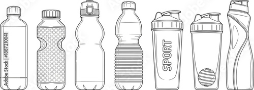 Reusable water bottle outline set featuring plastic drink bottles and sport shaker containers in clean line art style for packaging design, hydration concepts, fitness branding, and product mockups