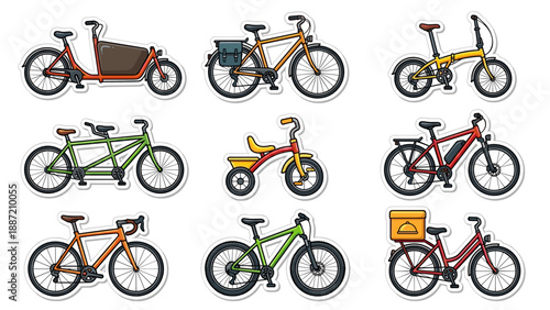 Set of 9 Vibrant Bicycle Sticker Icons Featuring Cargo Bike, Tandem, Folding Bike, Tricycle, Mountain Bike, Road Bike, and Delivery Cycle. Unique Vector Illustrations in a Neat Grid Layout.