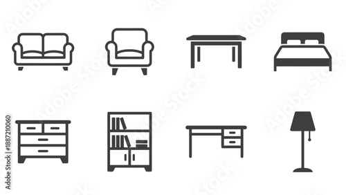 Collection of Minimalist Furniture Icons Featuring Sofa, Armchair, Dining Table, Bed, Dresser, Bookshelf, Office Desk, and Floor Lamp. Clean Black Line Art for Interior Design and Home Decor Apps.