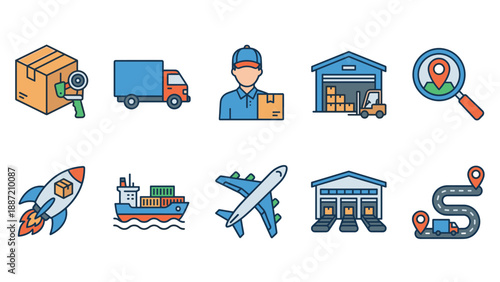 Set of 10 flat vector icons for logistics and delivery services, featuring shipping box, truck, courier, warehouse, tracking, express rocket, cargo ship, airplane, and distribution center. Ideal for