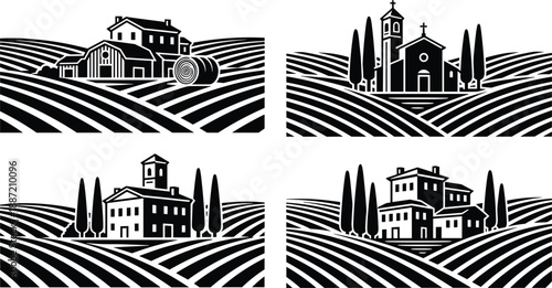 Rural countryside farm village silhouettes with rolling agricultural fields, barns houses and church, black and white pastoral landscape scenes for rustic vintage design illustration
