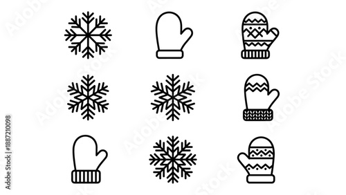 Set of Nine Minimalist Winter Icons Featuring Unique Snowflake Designs and Patterned Mittens in a Clean Black Line Art Style, Ideal for Seasonal Holiday Graphics, Christmas Decor, and Web Design