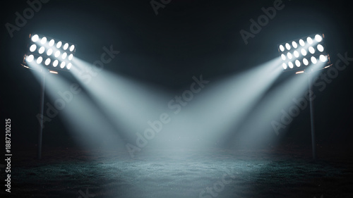 Powerful stadium spotlights illuminate a dark empty sports arena floor with dramatic beams of light creating an atmosphere of anticipation and excitement for a major event