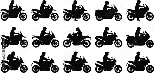 Set of motorcycle rider silhouettes in multiple positions, black vector illustration collection for transport design, biker graphics, racing concepts, urban mobility branding, and vehicle themed 