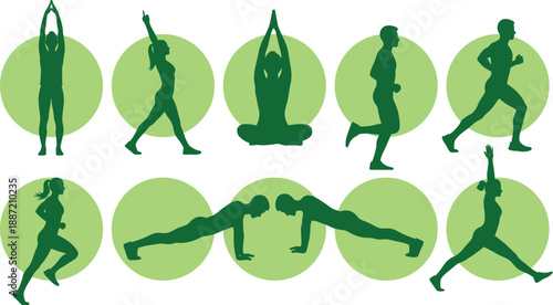Silhouette of people doing various yoga poses and running exercises on green circles