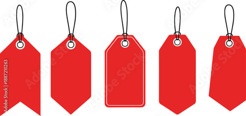 Set of red blank hanging price tags and label templates with strings, minimal vector illustration for retail branding, sale promotion, product labeling, and e-commerce design use.