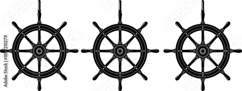 Ship steering wheel silhouettes set in black, nautical helm symbols for marine navigation, sailing, maritime design, and vintage sea travel illustration