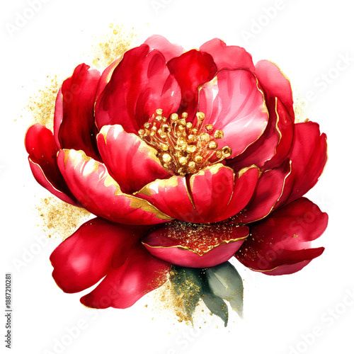 Watercolor of a beautiful red peony blossom with layered petals and gold glitter isolated on a white background. Ideal for Valentine's Day, a wedding, or love theme.