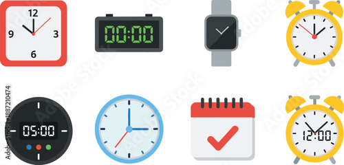 Time and schedule icons set including analog clocks, digital timer, smartwatch, alarm clock, and calendar reminder symbols for time management, planning, and productivity applications