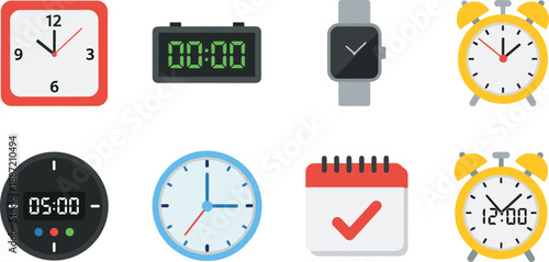 Time management icons collection featuring analog clocks, digital timer, smartwatch, alarm clocks, and calendar reminder symbols for scheduling, productivity apps, planning tools, and 